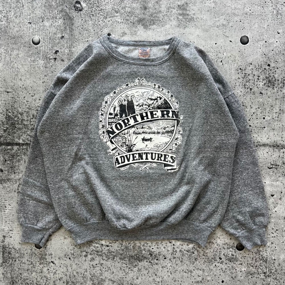 Vintage Nature Sweatshirt Men Large Grey Northern Adventures Explore Outdoors